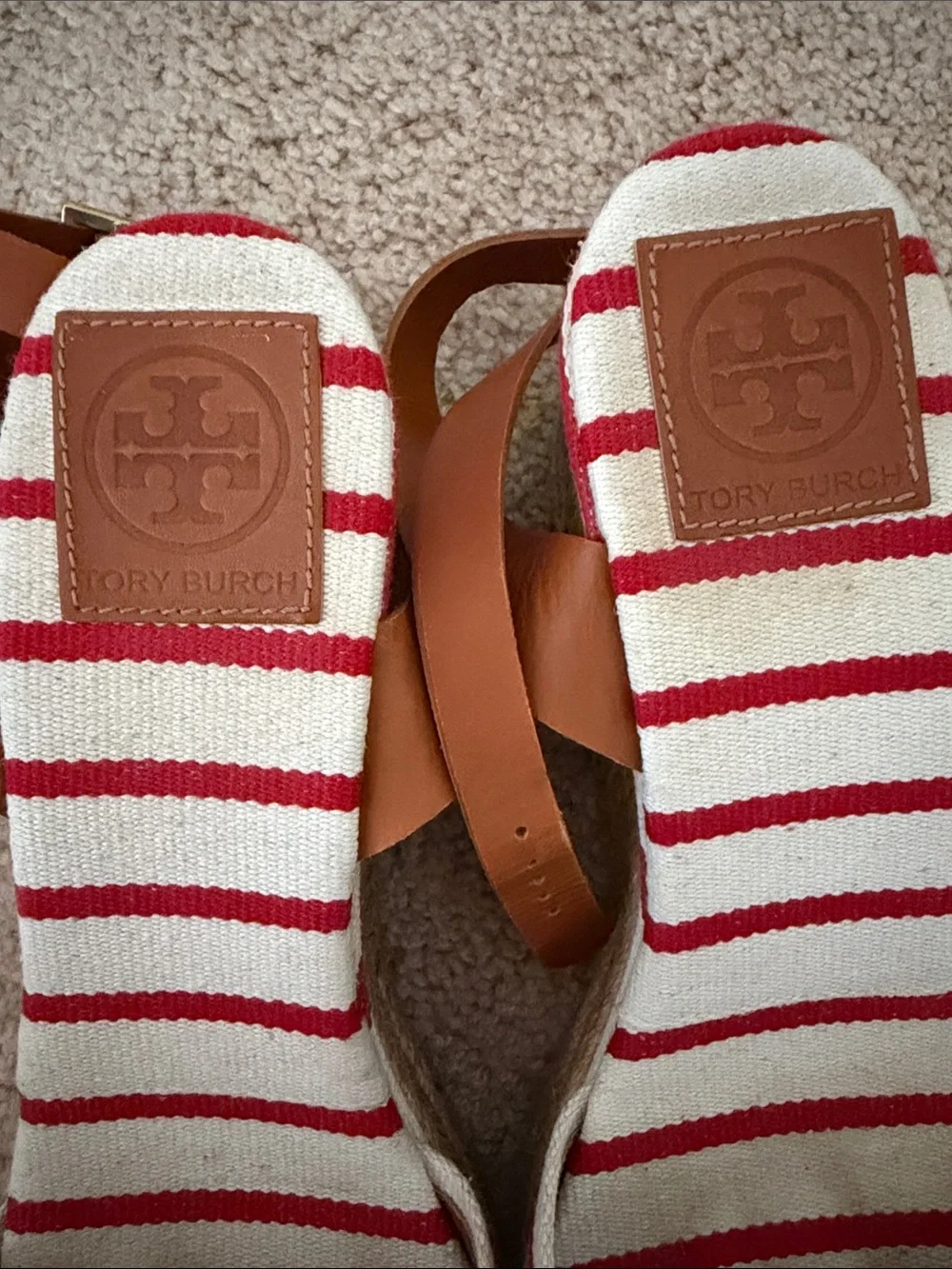 Tory Burch Red and White Striped Espadrille Wedge Sandals with Tan Ankle Strap